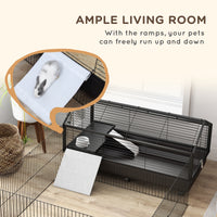Pawhut Small Animal Cage With Foldable Run Area, Rolling Bunny Cage, Guinea Pig Cage, Hedgehog Cage With Water Bottle, Water Bowl, And Ramps, 46.5" Black Steel