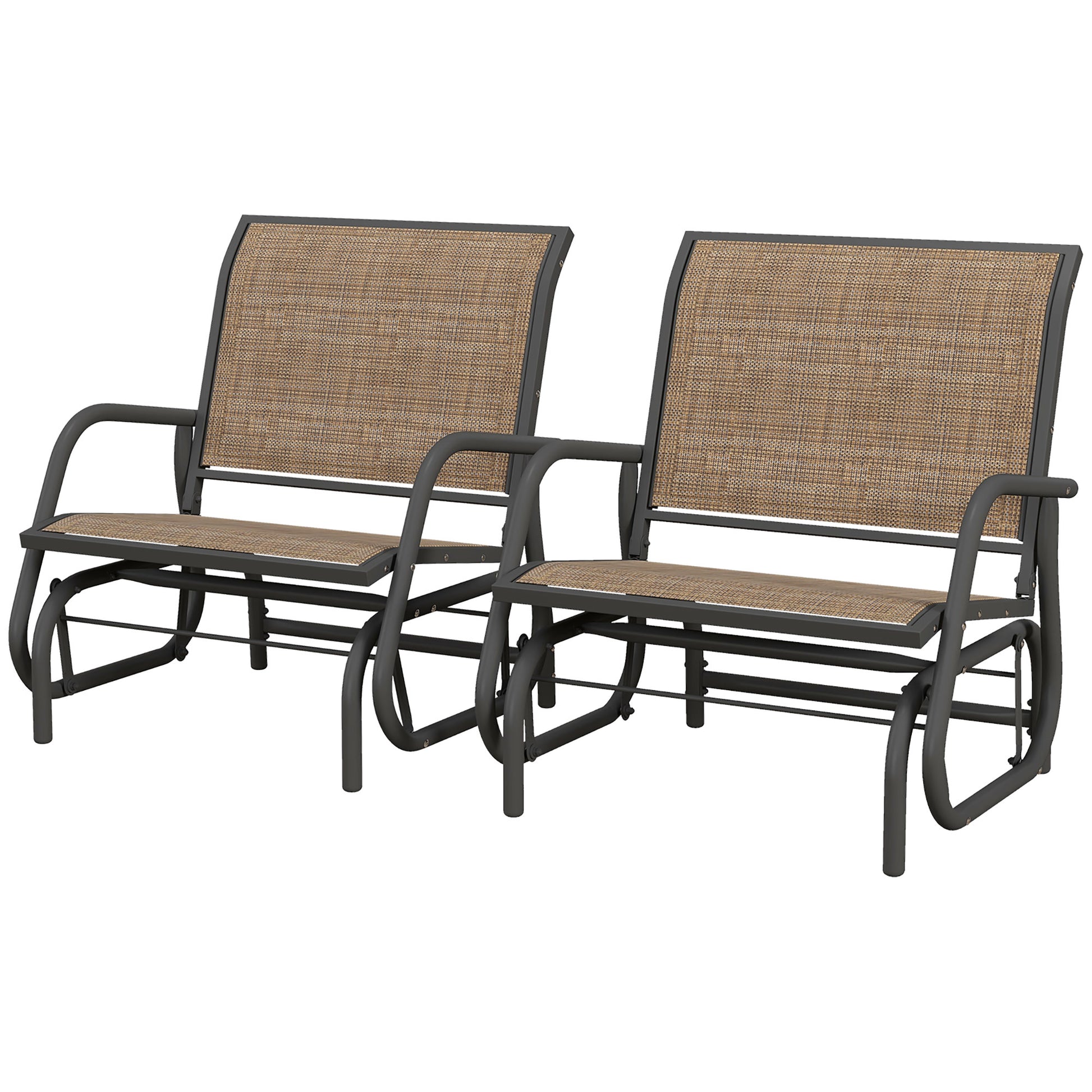 Outsunny Porch Glider Set Of 2, Metal Frame Swing Glider Chairs Withmesh Fabric, Curved Armrests And Steel Frame For Garden, Poolside, Backyard, Balcony, Light Mixed Brown Black Steel