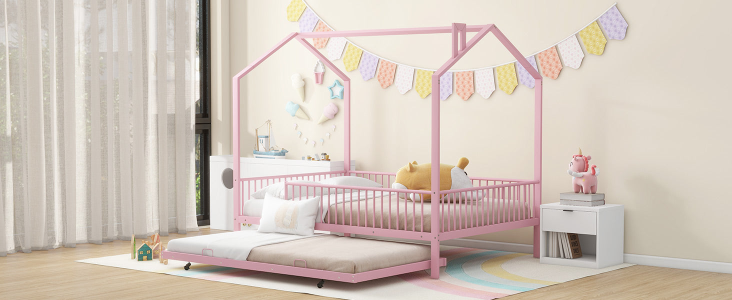 Full Size Metal House Bed With Fence, With Trundle, Pink Full Pink Metal