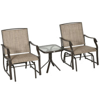 Outsunny 3 Piece Outdoor Glider Chair With Coffee Table Bistro Set, 2 Patio Rocking Swing Chairs Withsling Fabric, Glass Tabletop, For Backyard, Garden And Porch, Mixed Brown Brown Fabric Metal