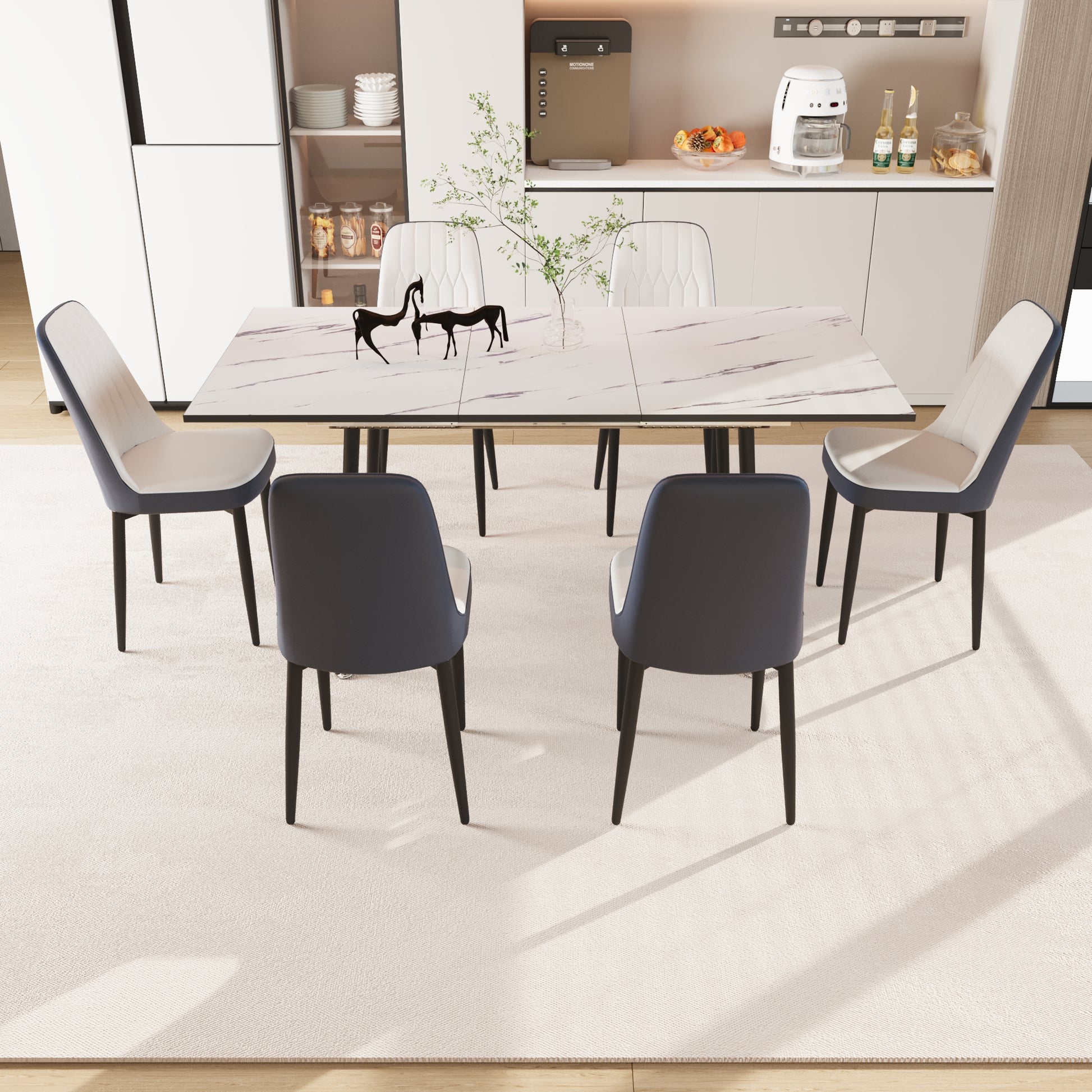 47" 63" Expandable Dining Table Set For 2 6 People, Equipped With Pu Fabric Thick Cushioned Dining Chair And An Elegant And Spacious Dining Tablekitchen Table And Chair Set, With Black Metal Legs