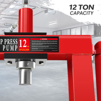 12 Ton Adjustable Benchtop Hydraulic Shop Press For Garage W Stamping Plates & Pressure Gauge, Manual Hand Pump Red Steel