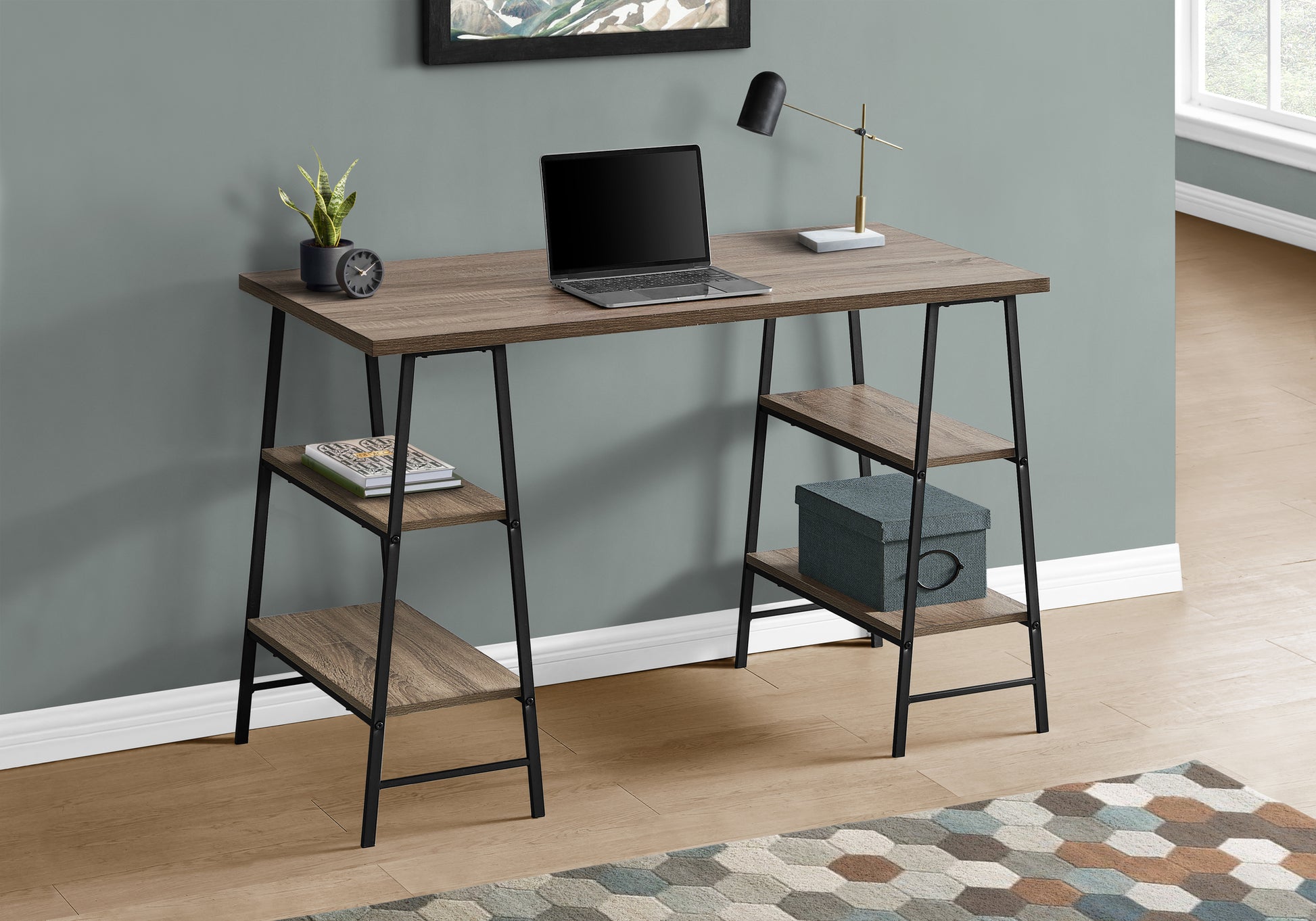 Computer Desk, Home Office, Laptop, Storage Shelves, 48"L, Work, Brown Laminate, Black Metal, Contemporary, Modern Taupe Metal