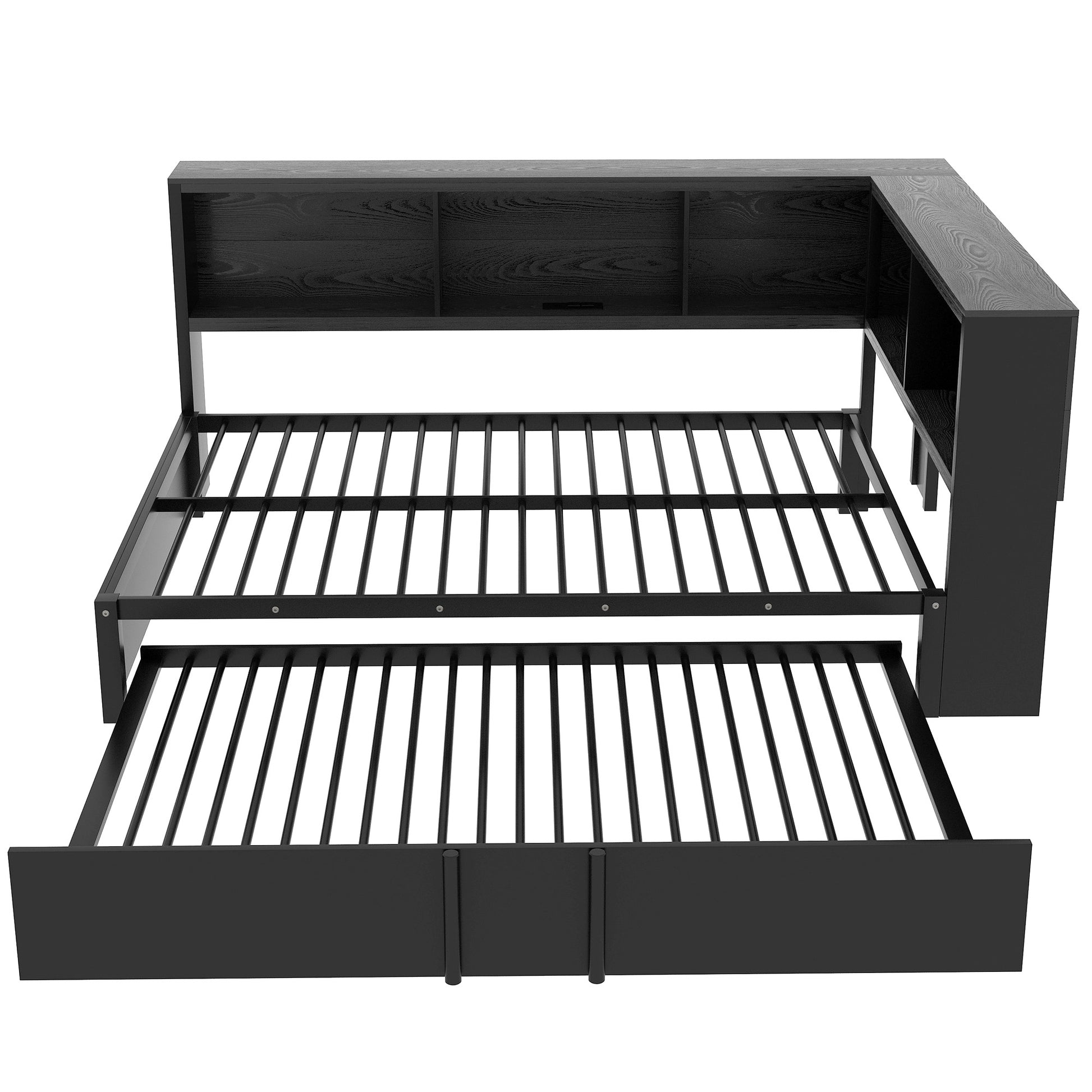 Metal Full Size Daybed With Trundle, Storage Cabinets And Usb Ports, Black Full Black Metal