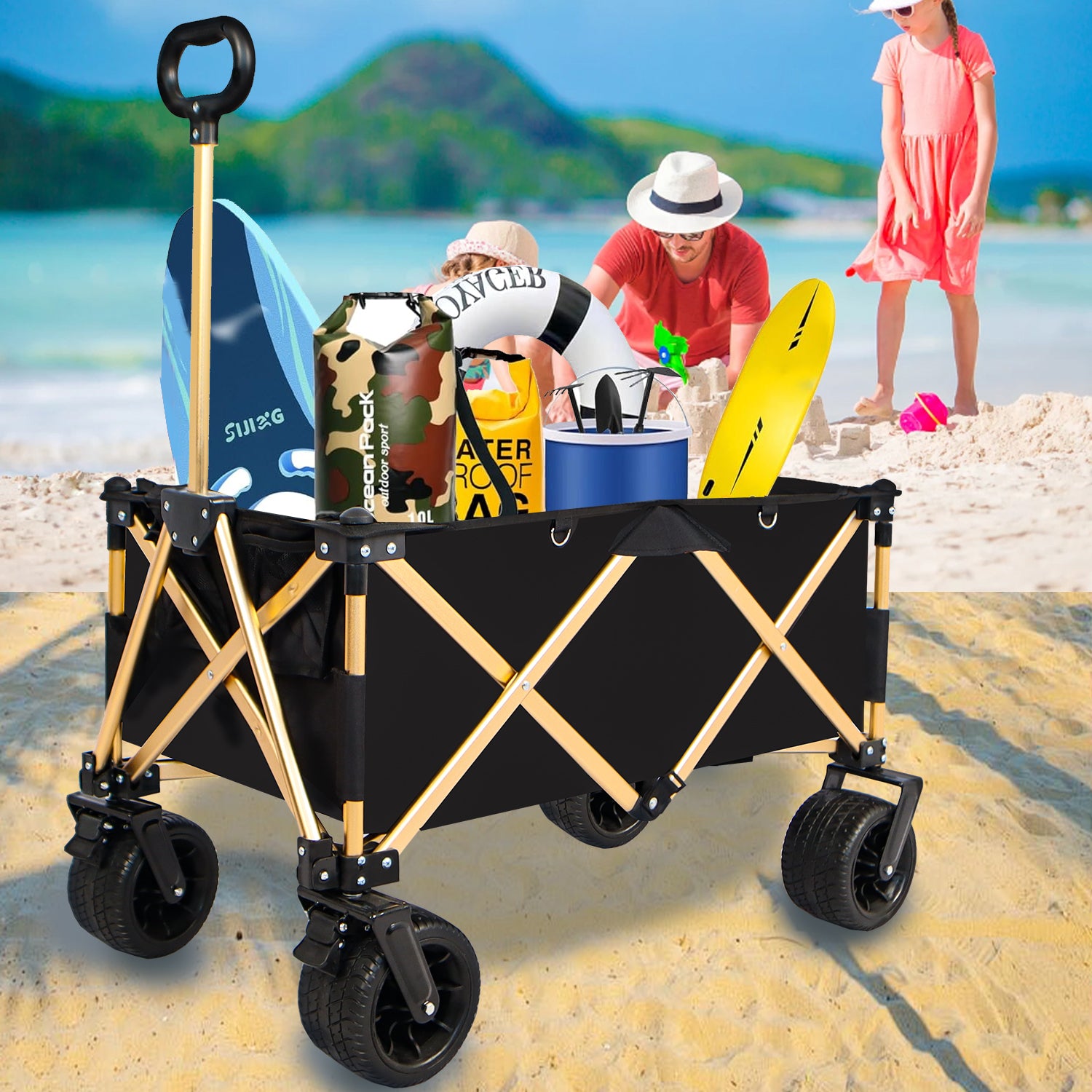 Aluminum Alloy Folding Wagon, Heavy Duty Utility Beach Wagon Cart For Sand With Big Wheels, Adjustable Handle&Drink Holders For Shopping, Camping,Garden And Outdoor Black Garden & Outdoor American Design Fabric Steel