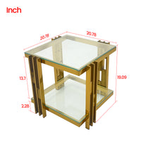 Golden Stainless Steel End Table, Double Layer, Clear Tempered Glass End Table, For Bed Room, Living Room Clear,Gold Modern Open Storage Rectangular Stainless Steel,Tempered Glass