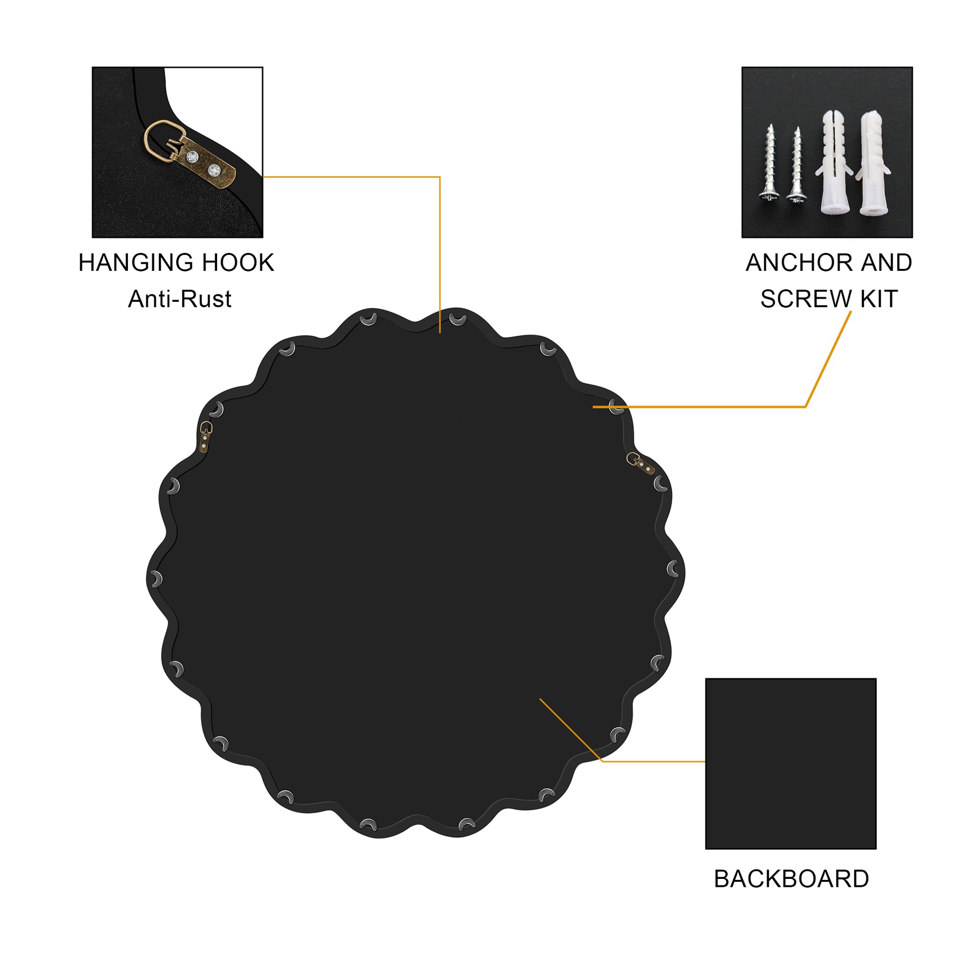 Solid Wood Wavy Mirror Black Vanity Mirror Wall Decor 36" X 36" Modern Mirror Wall Decor For Bathroom, Bedroom, Living Room, Dining Room, Cloakroom, Entryway Oval Or Circle Framed Black Living Room Large 33In 40In Glass Solid Wood