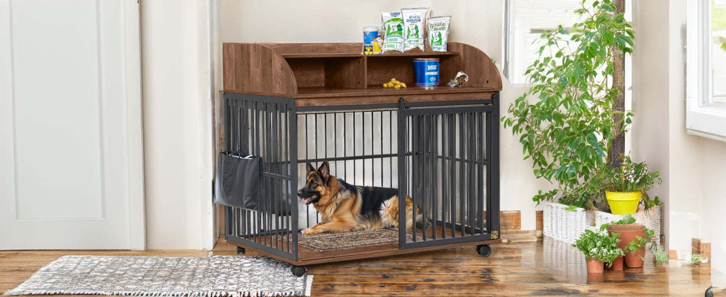 44'' Heavy Duty Large Dog Crate Furniture For Large Medium Dog With Lockable Wheels, Wooden Dog Crate Dog Kennel, End Table Crate With Double Layer Storage, Brown Brown Engineered Wood