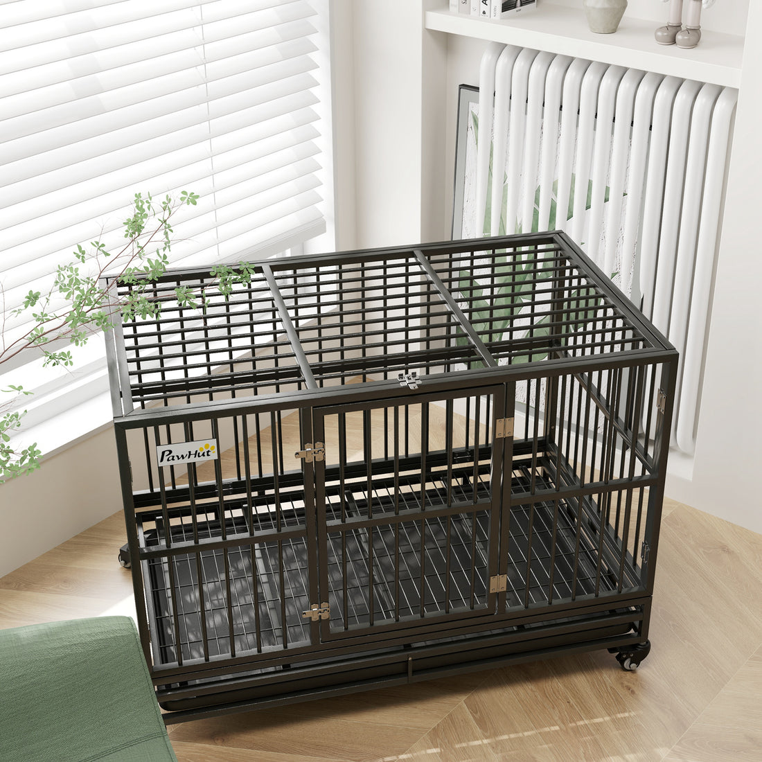 Pawhut 48" Heavy Duty Dog Crate Metal Cage Kennel With Lockable Wheels, Double Door And Removable Tray, Gray Gray Steel