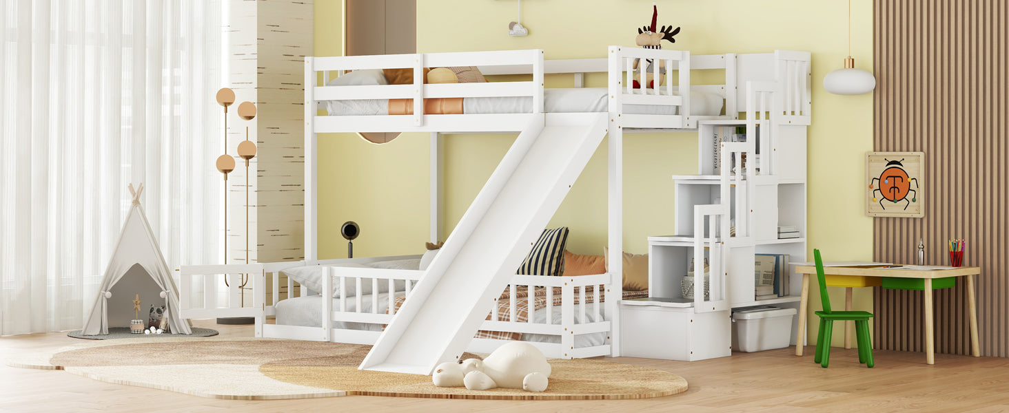 Twin Over Full Bunk Bed With Slide, Storage Staircase, Pine Solid Wooden Bunk Bed With Safety Guardrails,White White Pine