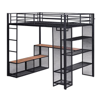 Full Size Metal Loft Bed With Storage Iron Mesh And Mdf Shelves And Open Wardrobe,Black Black Metal