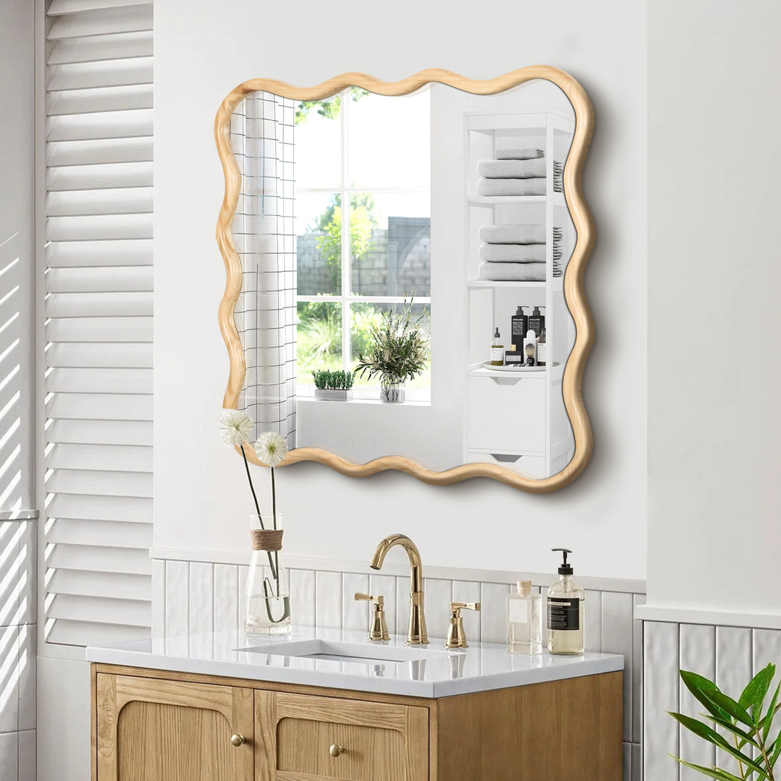 Solid Wood Wavy Square Mirror Natural Wood 36" X 36" Modern Mirror Wall Decor For Bathroom, Bedroom, Living Room, Dining Room, Cloakroom, Entryway Square Framed Natural Wood Living Room Large 33In 40In Glass Solid Wood