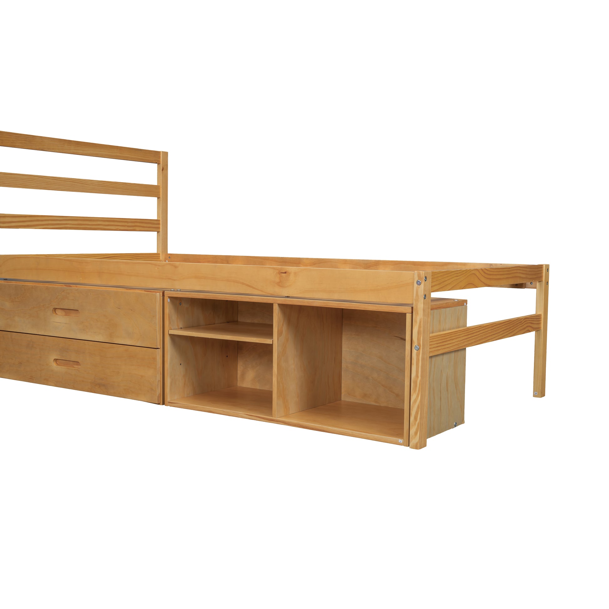 Twin Size Wood Platform Bed With Removable Storage Shelves, Built In Two Storage Drawers For Added Convenience, Natural Twin Natural Wood