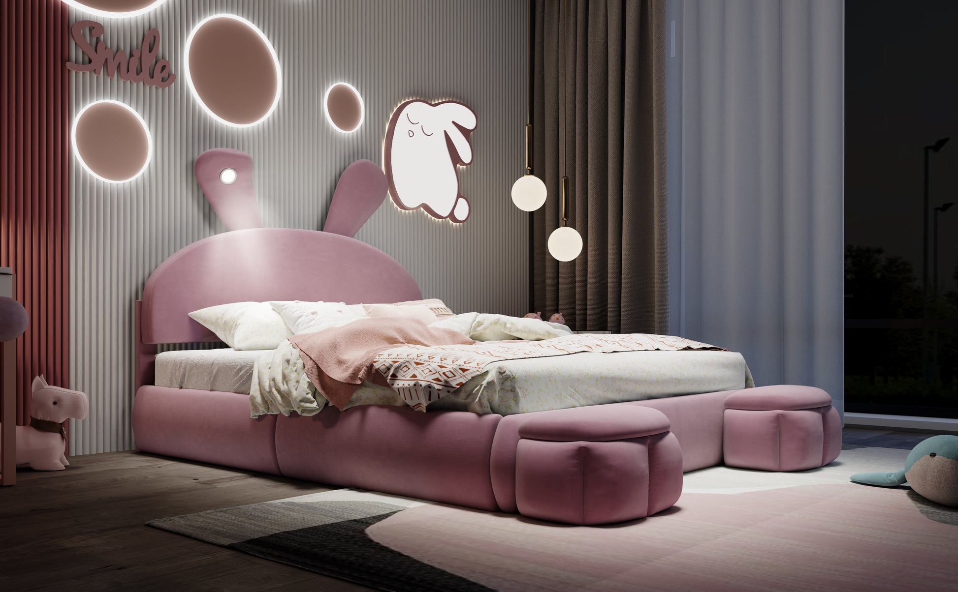 Full Size Upholstered Platform Bed With Cartoon Ears Shaped Headboard And Light, Pink Box Spring Not Required Full Pink Wood Bedroom Bed Frame Velvet Upholstered