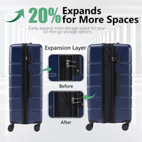 Hard Sided Expand Suitcase With Rotating Wheels, Tsa Lock, Retractable Handle, Blue, 20" Blue Iron Plastic