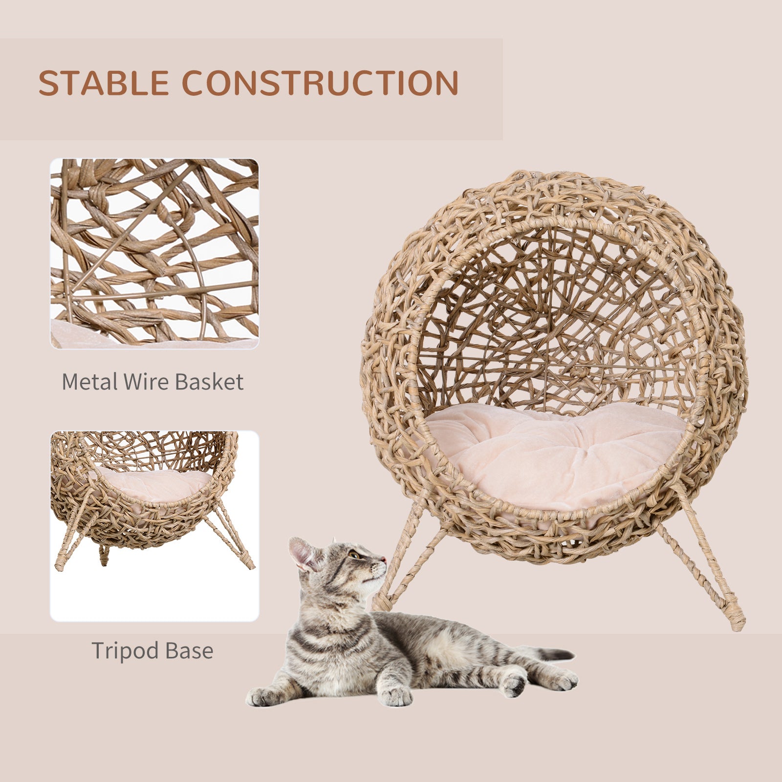 Pawhut 20.5" Weaved Cat Bed, Elevated Hand Woven Braided Banana Leaf Kitten House Condo With Cushion, Beige Beige Rattan