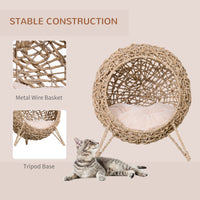 Pawhut 20.5" Weaved Cat Bed, Elevated Hand Woven Braided Banana Leaf Kitten House Condo With Cushion, Beige Beige Rattan