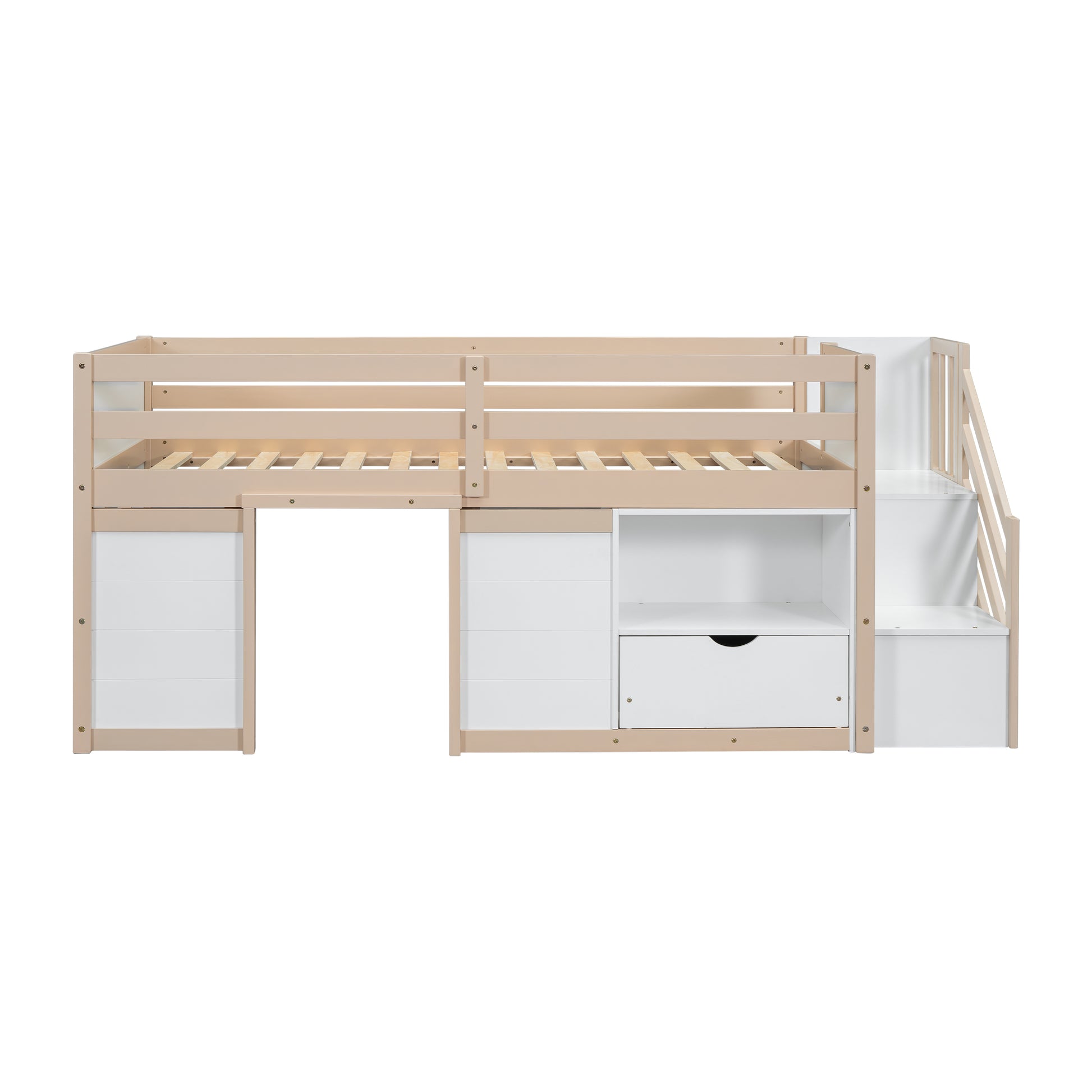 Solid Wood Twin Size Low Loft Bed With Stair, Drawer, And Shelf For Cream White Color Twin Box Spring Not Required Cream,White Wood Bedroom Kids Particle Board,Pine,Plywood