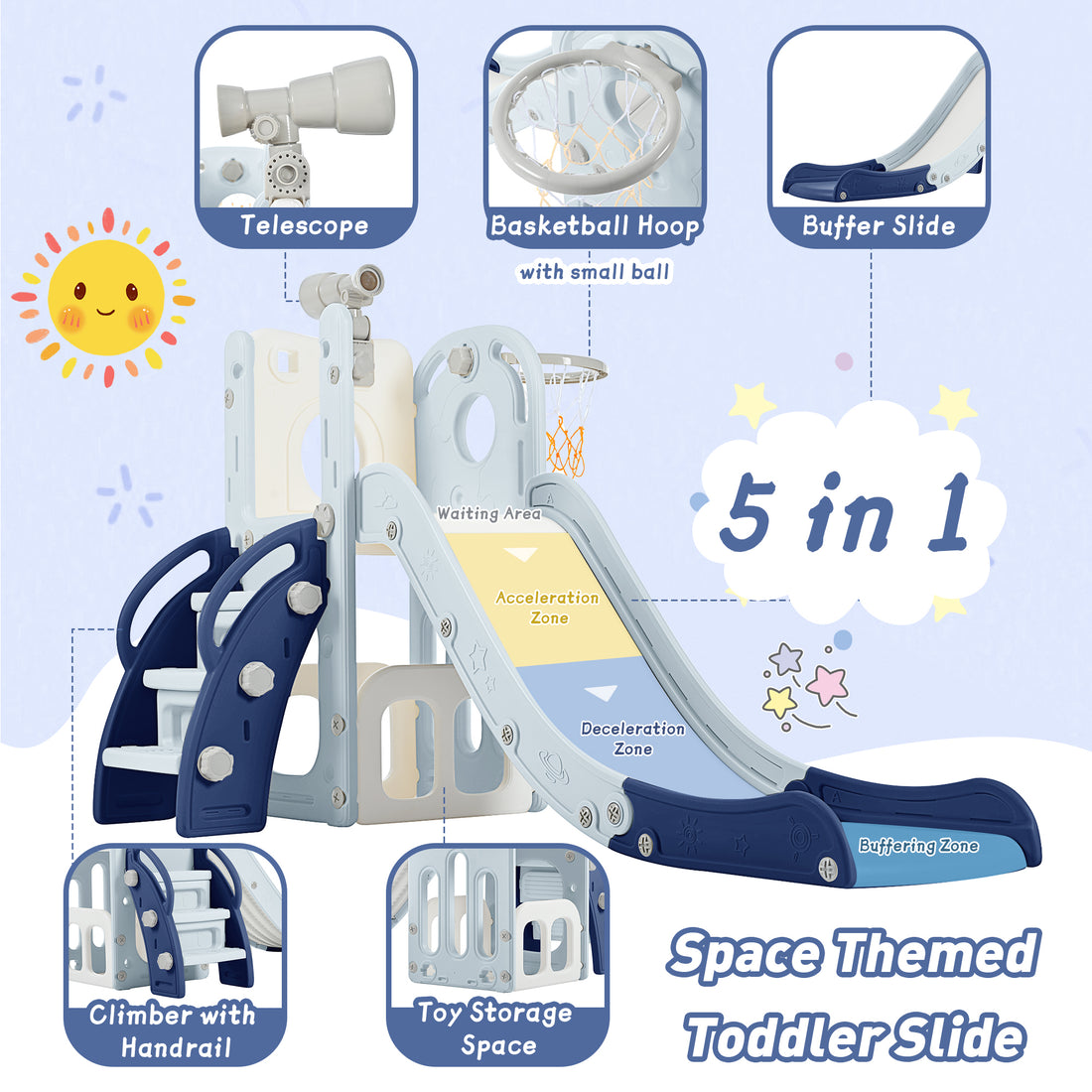 5 1 Toddler Slide Set, Freestanding Space Set With Slide, Kids Slide Playset Structure, Telescope And Basketball Hoop, Toy Storage Space, Kids Climbers Playground Blue 50 99 Lbs Cute 1 To 2 Years Hdpe Indoor & Outdoor Use