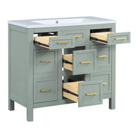 36" Bathroom Vanity Cabinet With Resin Integrated Sink 4 Drawers, 2 Doors Green Bathroom Solid Wood Mdf Resin