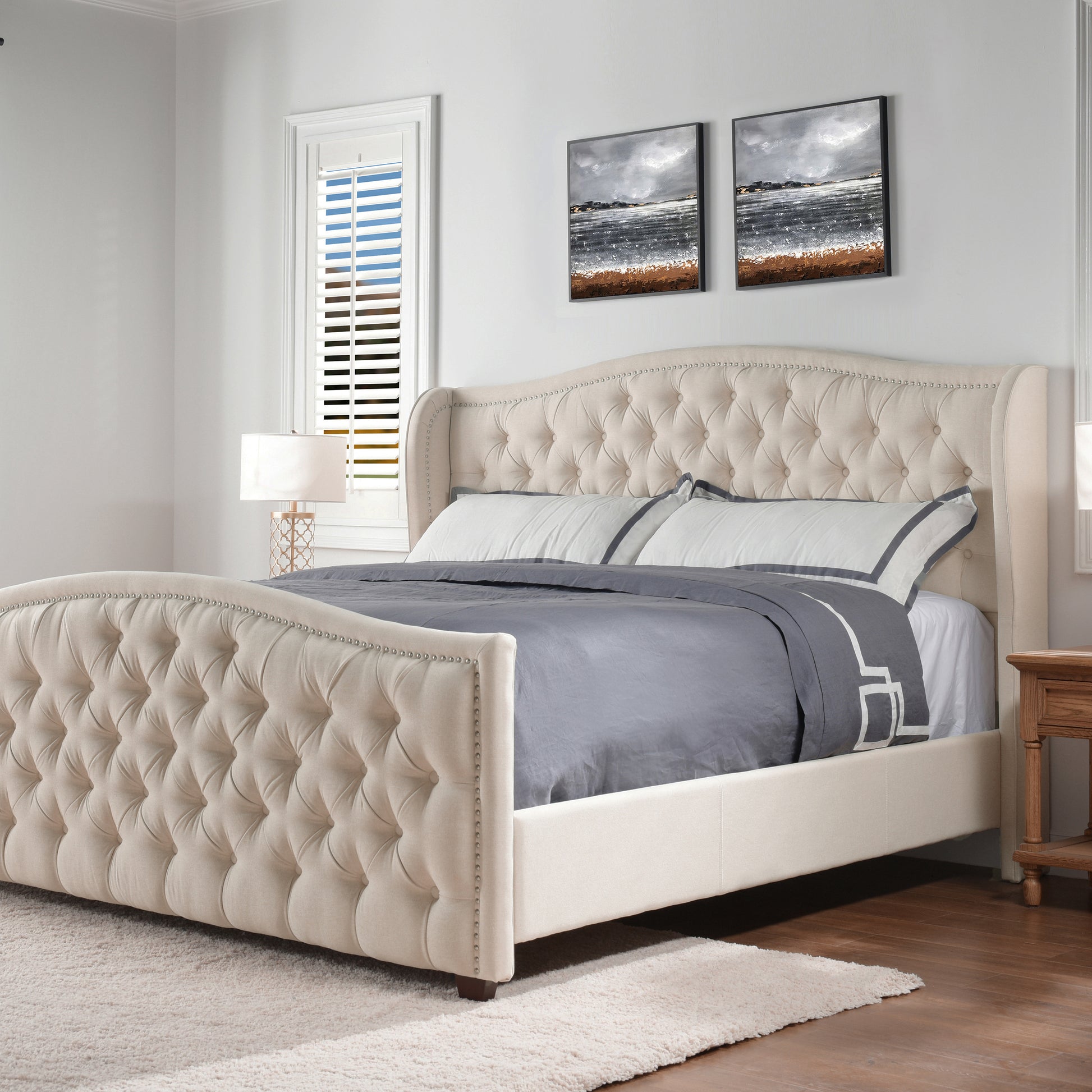 Marcella Upholstered Shelter Headboard Bed Set, King, Sky Neutral Beige Polyester Box Spring Required King Beige Wood Foam Polyester Polyester