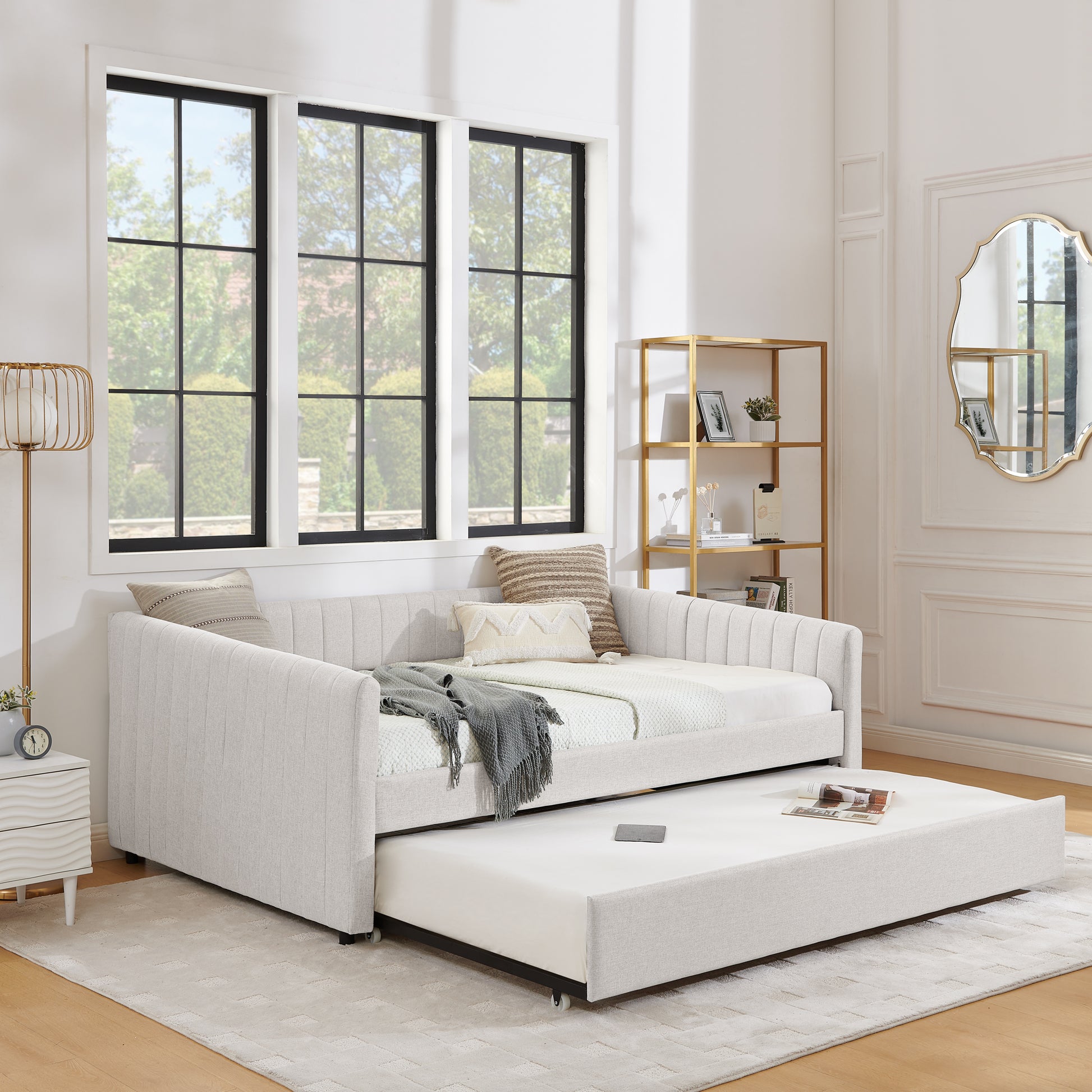 Full Size Daybed With Trundle Upholstered Sofa Bed, With Vertical Stripes, Linen Fabric, Beige 82.5"X58"X30" Beige Linen