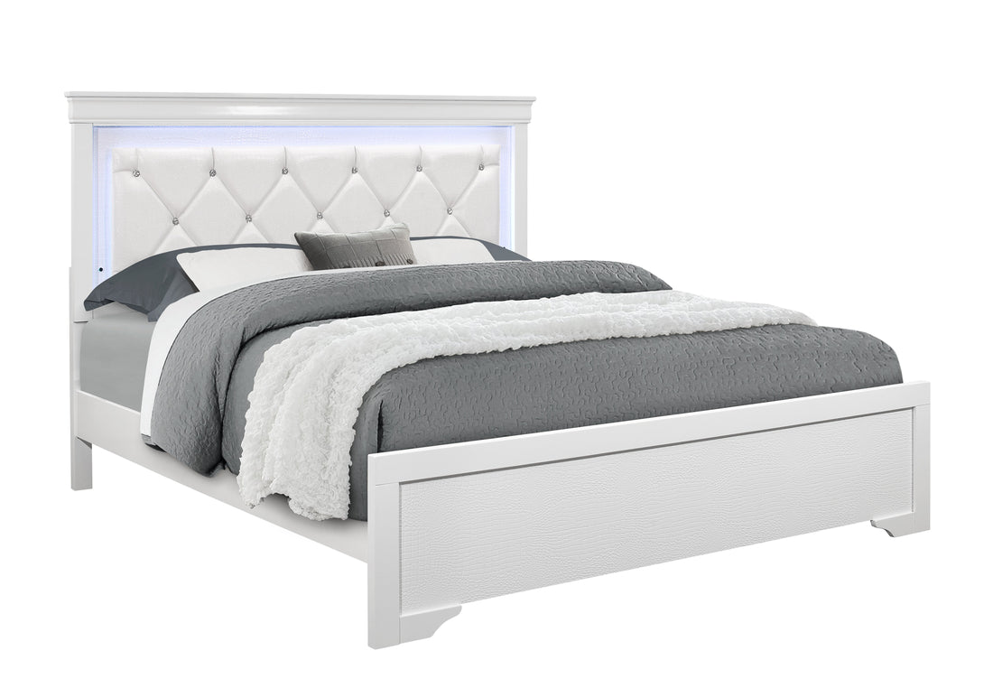 Shaker Crocodile Metallic White King Bed With Led White Solid Wood Mdf