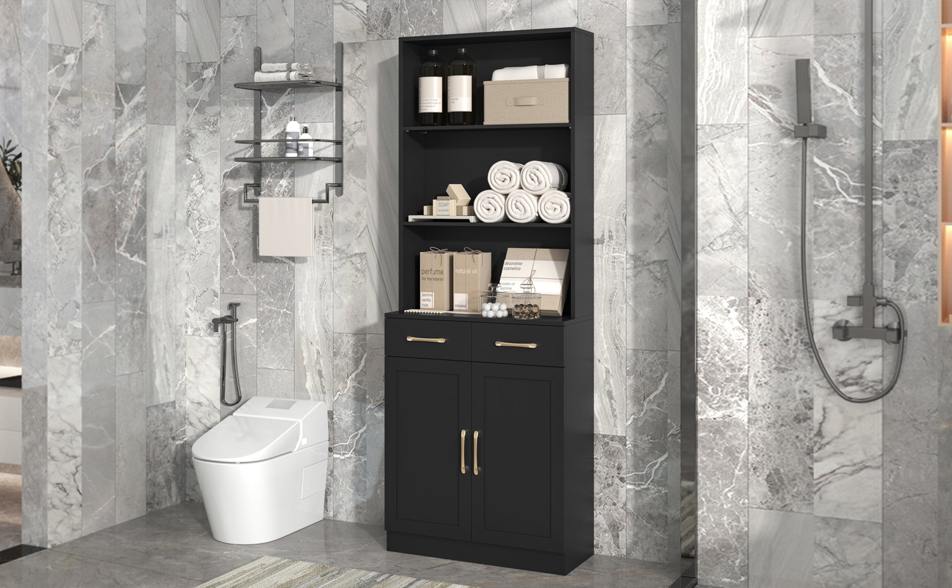 Bathroom Storage Cabinet, Cabinet With Two Doors And Drawers, Adjustable Shelf, Three Layer Open Shelf, Mdf Board, Black Black Mdf