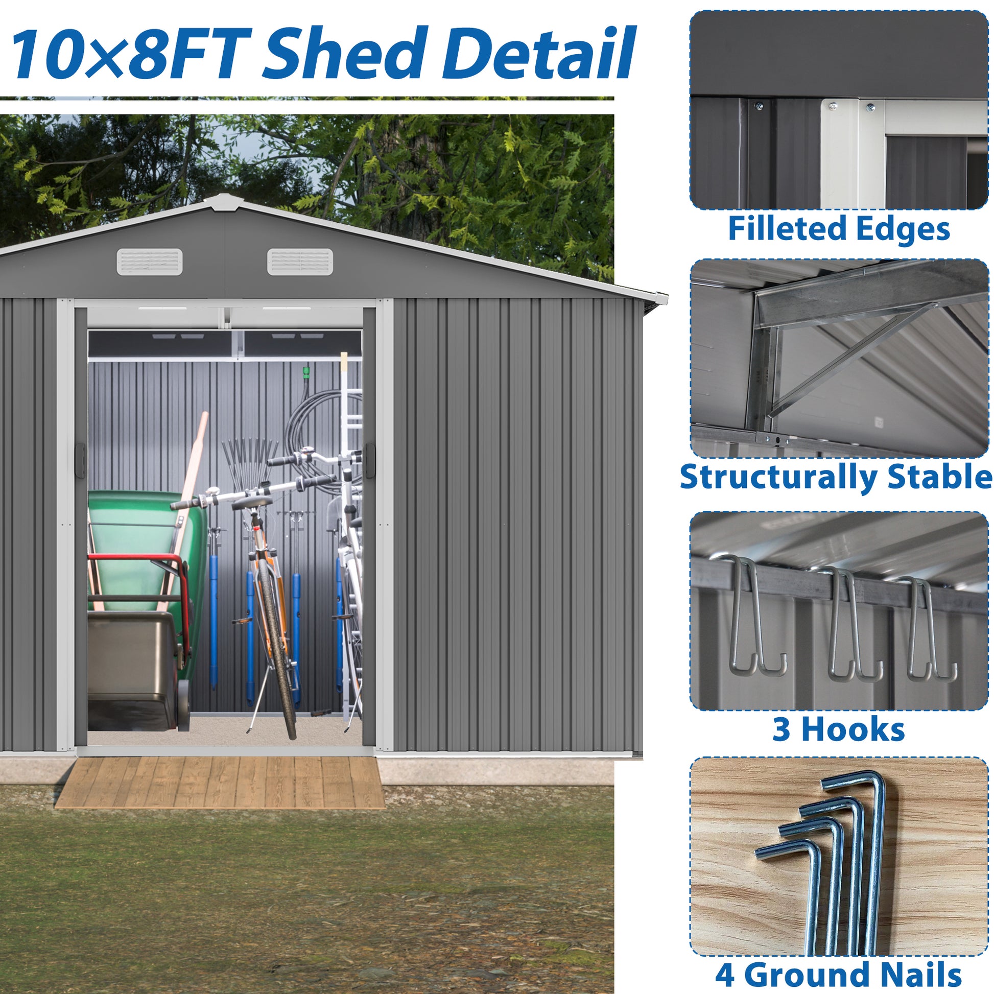 10X8 Ft Outdoor Storage Shed, Metal Foundation & Lockable Doors, Tool Shed For Garden, Patio, Backyard, Lawn, Grey Gray Metal