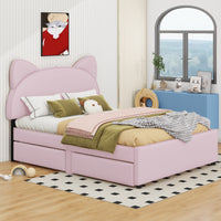 Full Size Upholstered Platform Bed With Cartoon Ears Shaped Headboard And 2 Drawers, Pink Box Spring Not Required Full Pink Wood Bedroom Bed Frame Faux Leather Upholstered