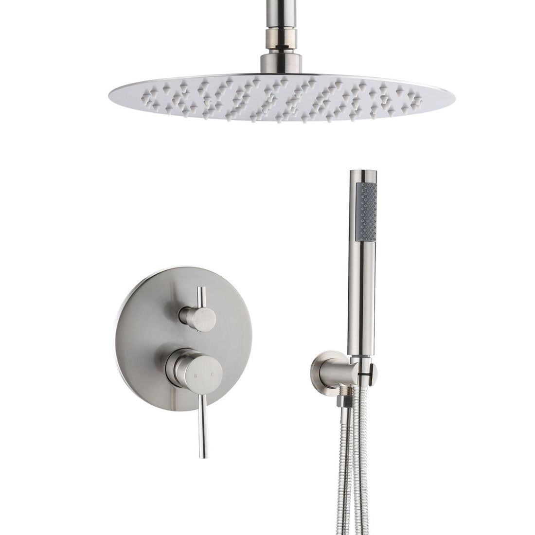 10" Round Rainfall And Handheld Shower System With 2 Handle Temperature And Flow Control In Brushed Nickel Brushed Nickel Brass