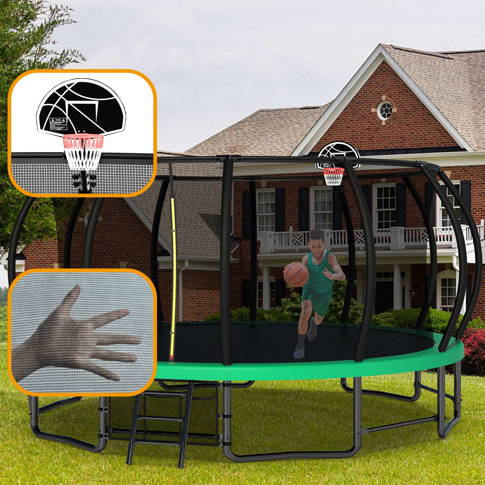 16Ft Outdoor Trampoline For Kids And Adults, Pumpkin Trampolines With Curved Poles,Heavy Duty Trampoline Anti Rust Coating Astm Approval Green Steel