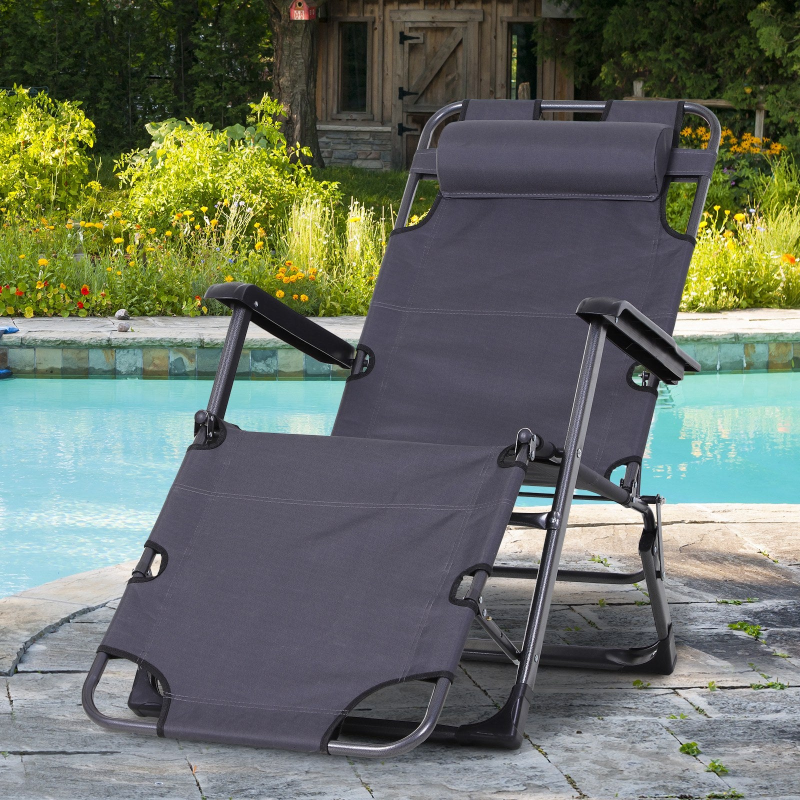 Outsunny Folding Chaise Lounge Chair For Outside, 2 In 1 Tanning Chair With Pillow & Pocket, Adjustable Pool Chair For Beach, Patio, Lawn, Deck, Gray Grey Metal