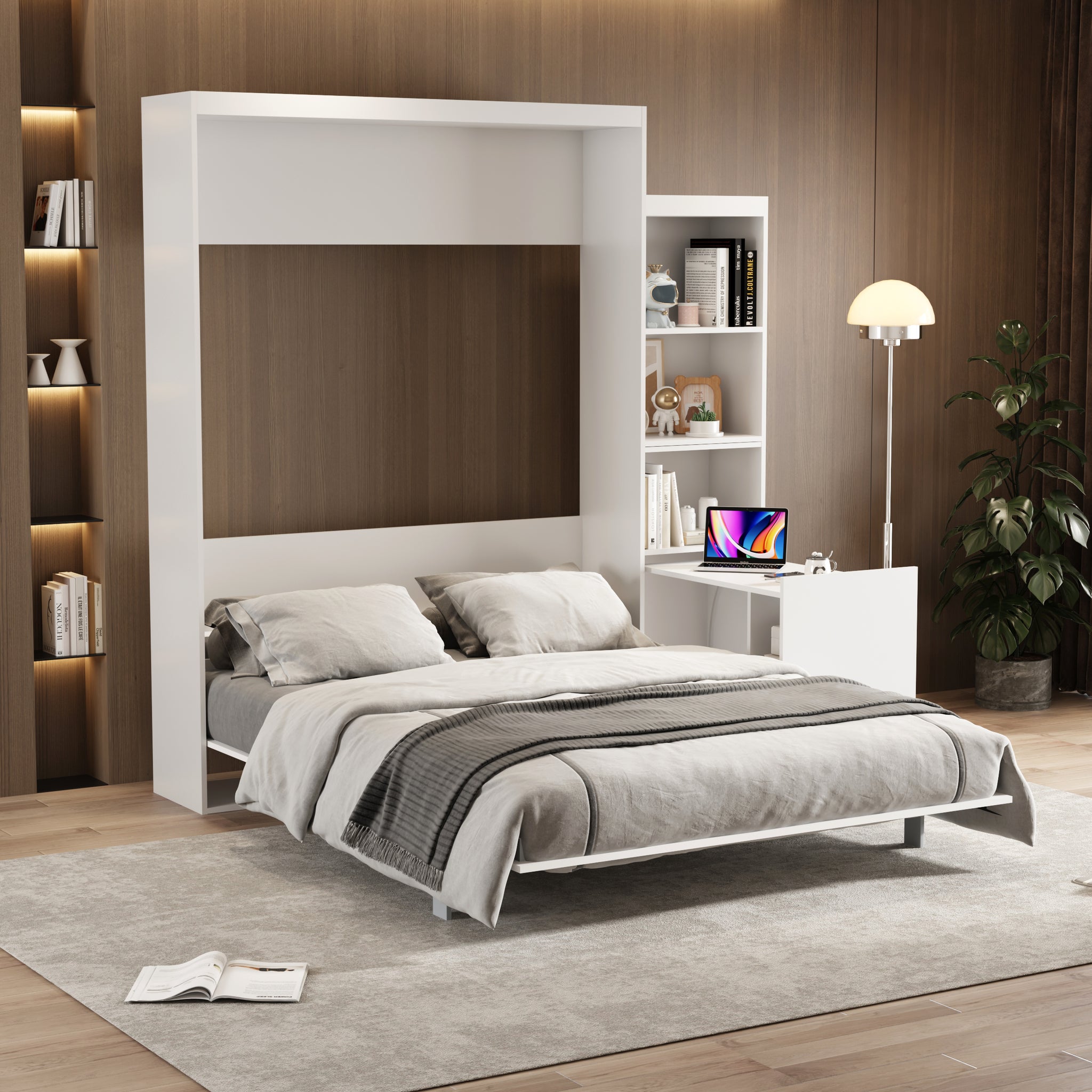 Queen Size Morden Deisgn Big Size Vertical Murphy Bed With Table And Shelf For Bedroom Or Guestroom White Wall Bed Space Saving Hidden Bed With Style Gas Struts Box Spring Not Required Queen White Metal Bedroom Murphy Plywood