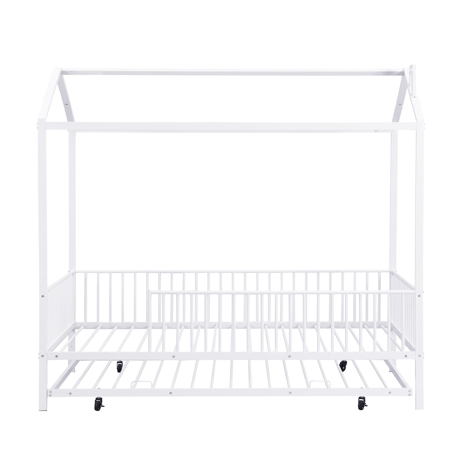 Twin Size Metal House Bed With Fence, With Trundle, White Twin White Metal