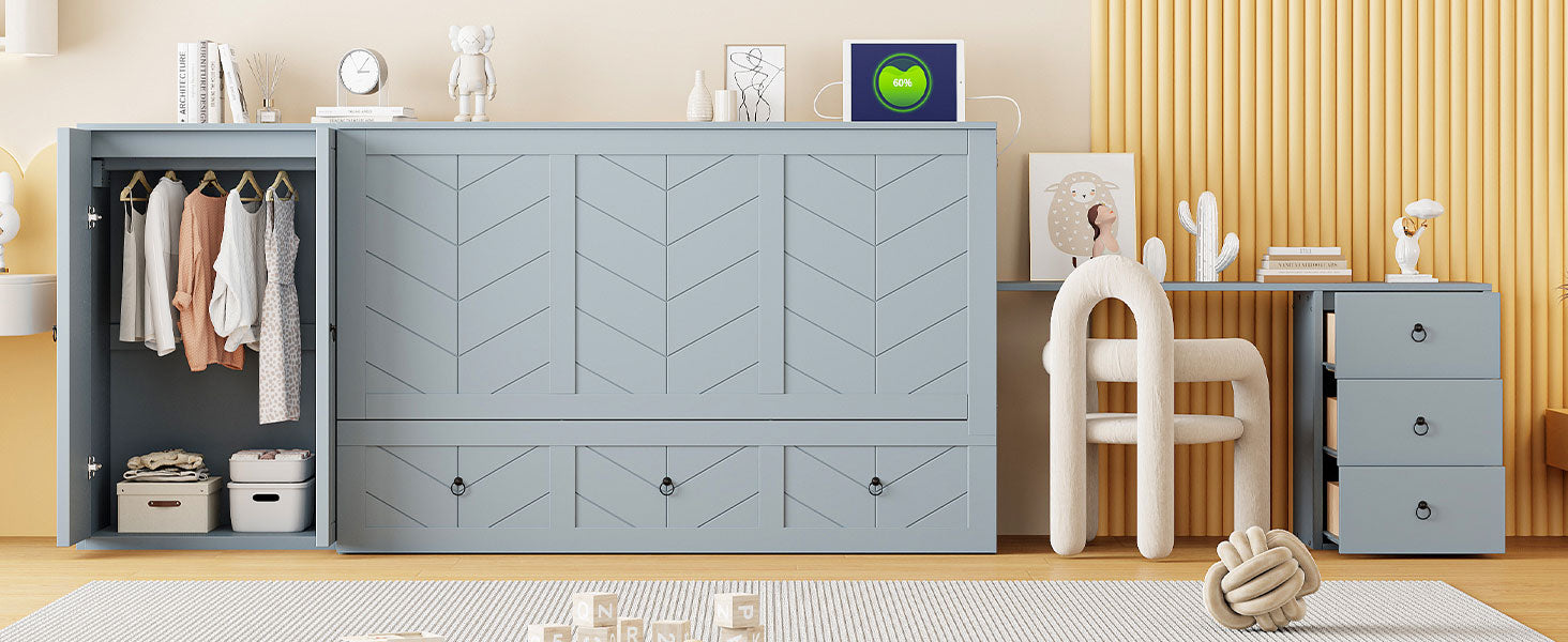 Queen Size Murphy Bed With Usb Port, Large Drawer, And Wardrobe Desk Combo Versatile Gray Cabinet Bed Queen Gray Solid Wood Mdf