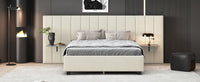 Queen Size Upholstered Platform Bed With Big Headboard, Bedroom Furniture, Velvet, Beige Queen Beige Plywood