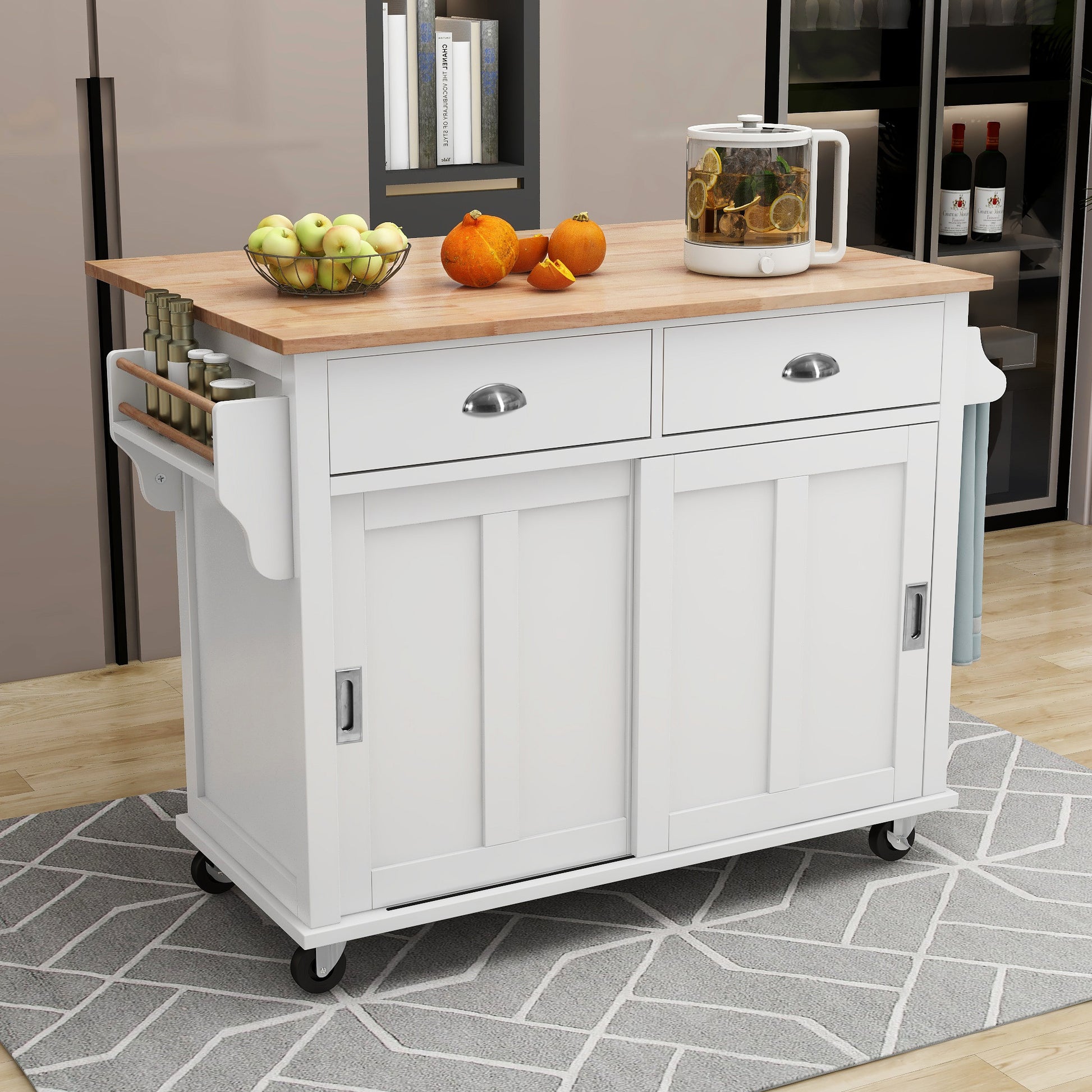 Kitchen Cart With Rubber Wood Drop Leaf Countertop, Concealed Sliding Barn Door Adjustable Height,Kitchen Island On 4 Wheels With Storage Cabinet And 2 Drawers,L52.2Xw30.5Xh36.6 Inch, White White