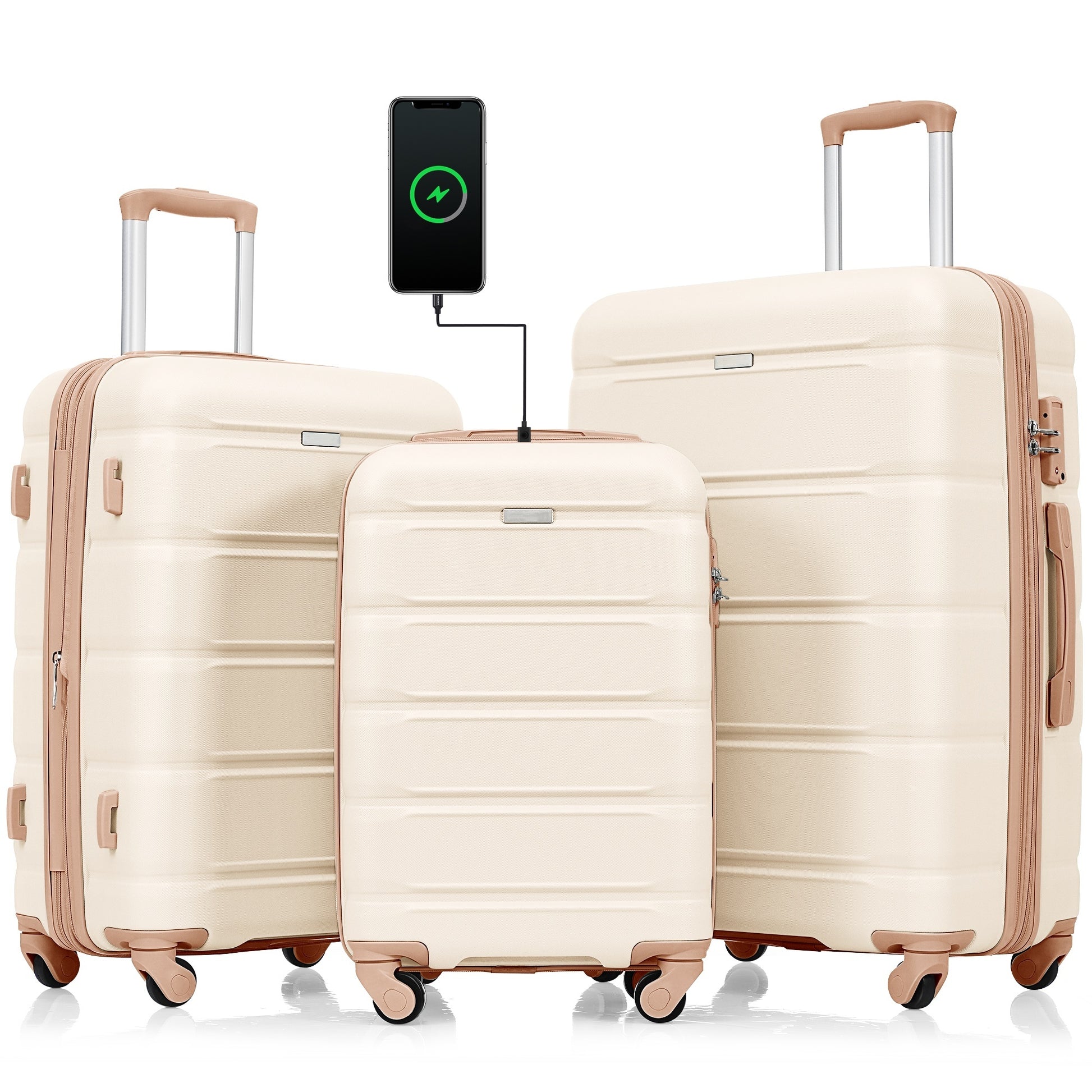 Luggage Set Of 3, 20 Inch With Usb Port, Airline Certified Carry On Luggage With Cup Holder, Abs Hard Shell Luggage With Spinner Wheels, Beige And Golden Beige Gold Abs