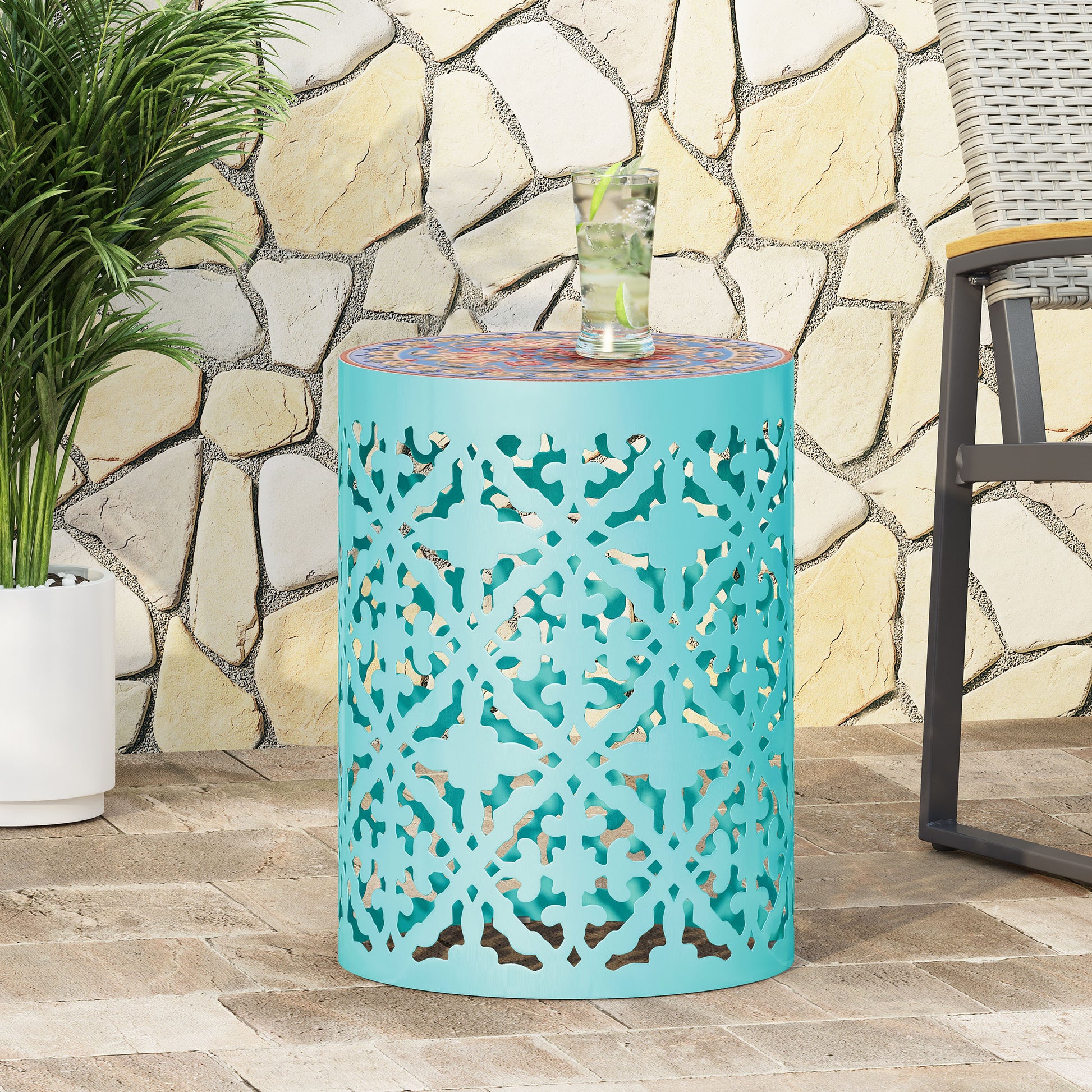 Castana Side Table Teal Rattan Fabric