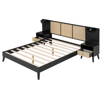 Queen Size Solid Wood Bed Frame With 2 Nightstands, Elegant Design With Lamps, Rattan And Wood Combination,Black Queen Black Wood