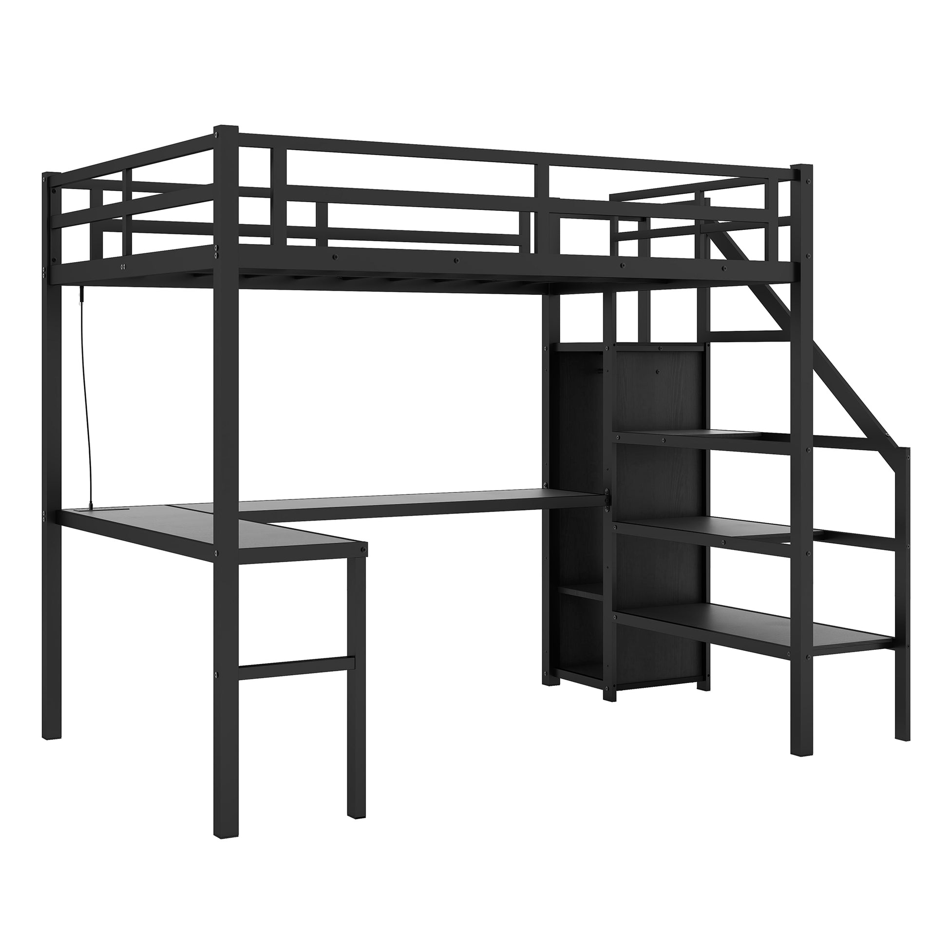 Full Size Loft Bed With L Shaped Desk And Usb, Metal Loft Bed With Wardrobe And Adjustable Shelf, High Loft Bed With Led For Kids Teens Adults, Black Black Metal