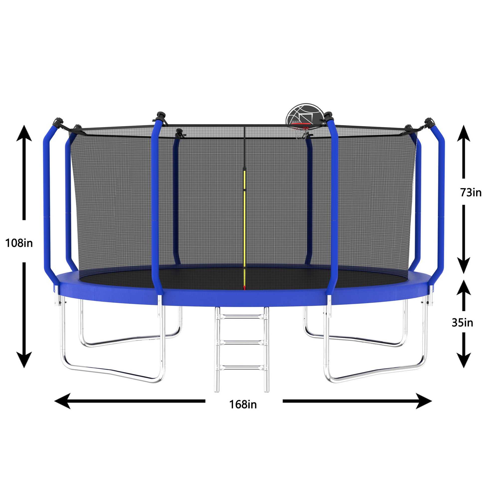 14Ft Trampoline With Basketball Hoop, Astm Approved Reinforced Type Outdoor Trampoline With Enclosure Net Blue Steel