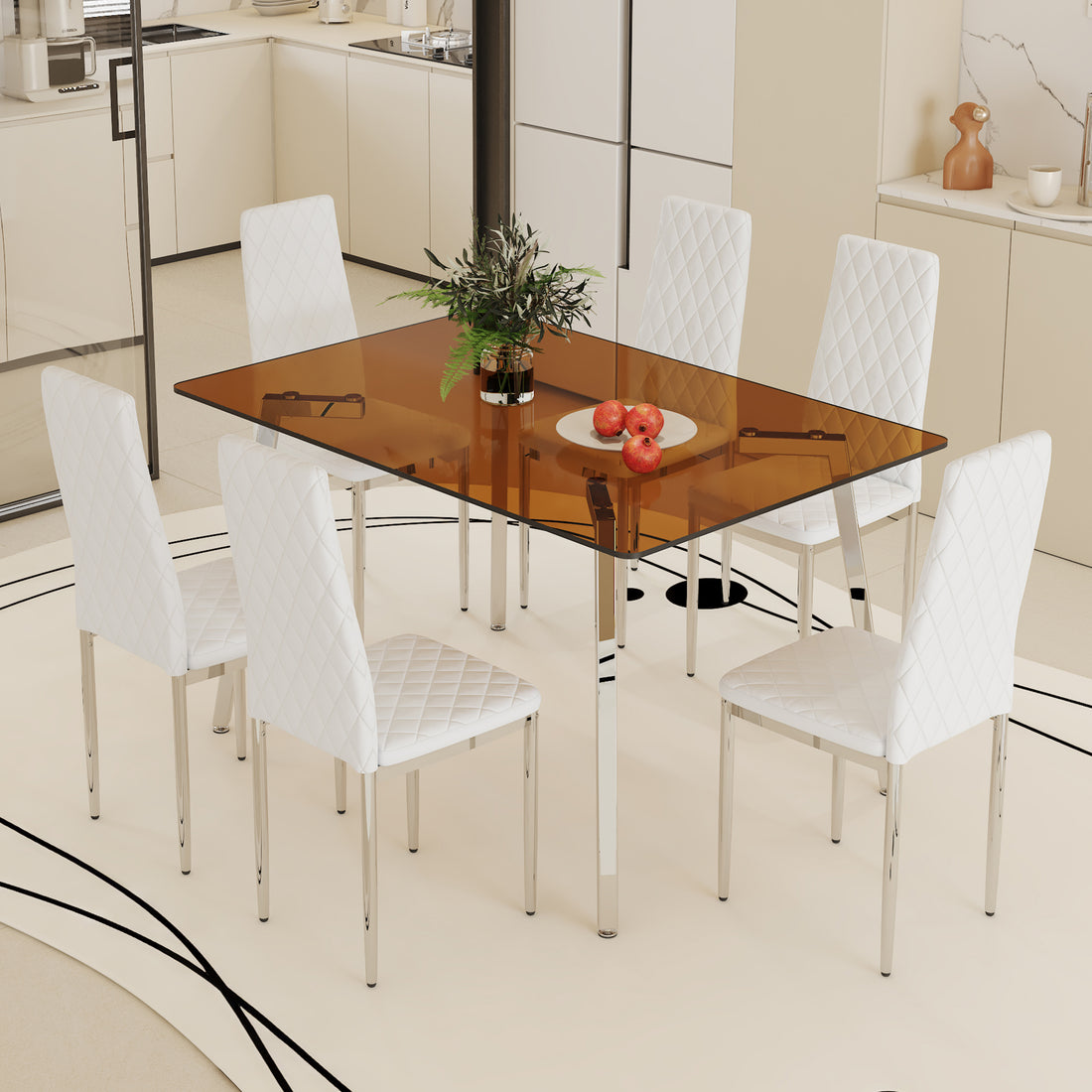 Table And Chair Set.Large Modern Rectangular Table With Brown Glass Top And Silver Metal Legs. Paired With 6 White Chairs With Checkered Armless High Back Pu Cushion And Silver Metal Legs.