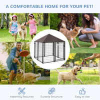 Pawhut 5' X 5' X 5' Dog Kennel Outdoor, Walk In Pet Playpen, Welded Wire Steel Dog Fence With Water And Uv Resistant Canopy, Jet Black Black Steel