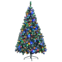 6Ft Dark Green Pine Christmas Tree, Pre Lit Set With Tree & Garland & Wreath, Hinged Artificial Xmas Tree With White Tips, Red Berries And Pine Cones, 11 Colorful Modes, Indoor Holiday Decoration Green Pvc