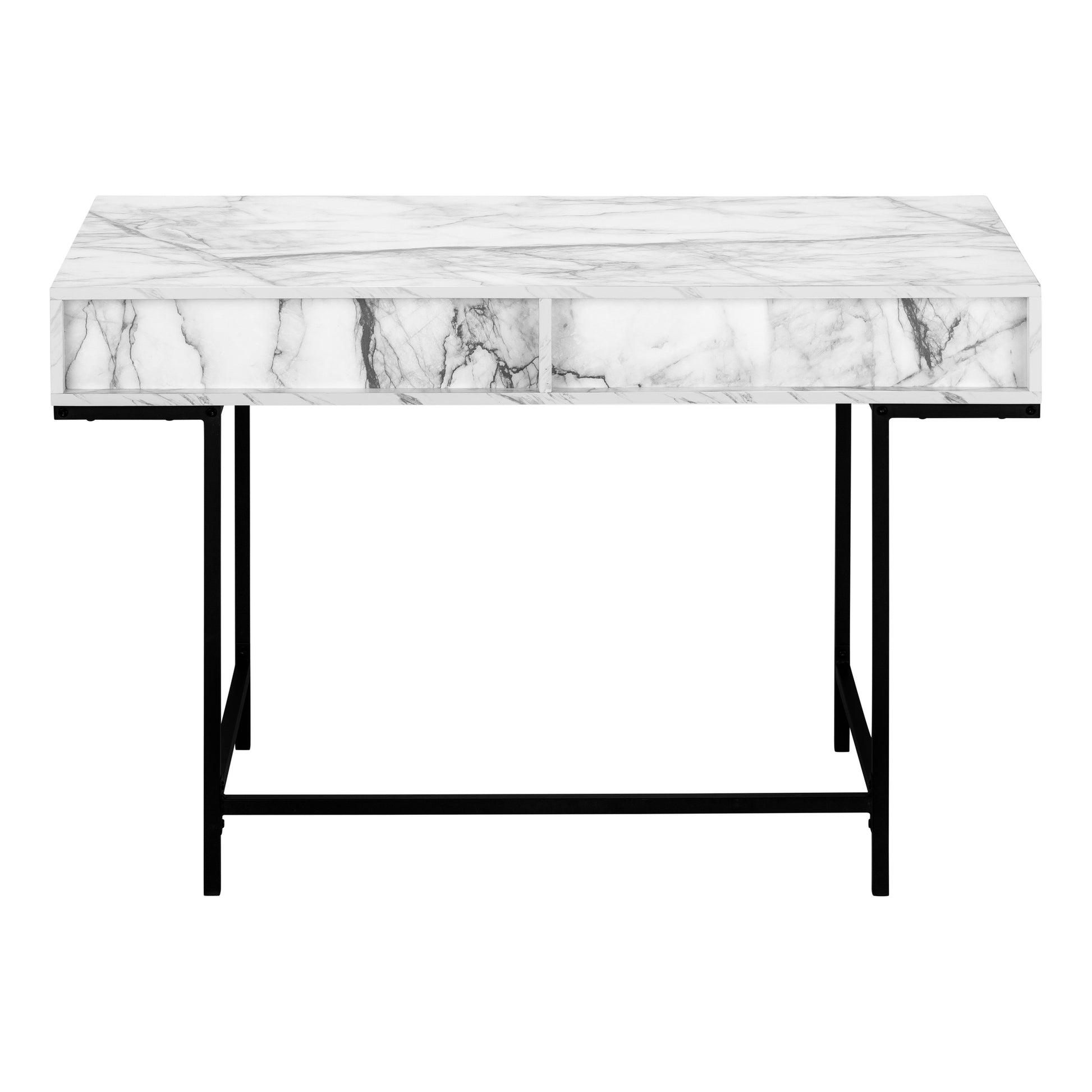 Computer Desk, Home Office, Laptop, Storage Drawers, 48"L, Work, White Marble Look Laminate, Black Metal, Contemporary, Modern White Particle Board