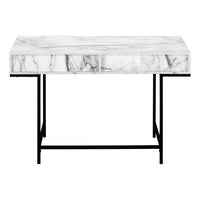 Computer Desk, Home Office, Laptop, Storage Drawers, 48"L, Work, White Marble Look Laminate, Black Metal, Contemporary, Modern White Particle Board