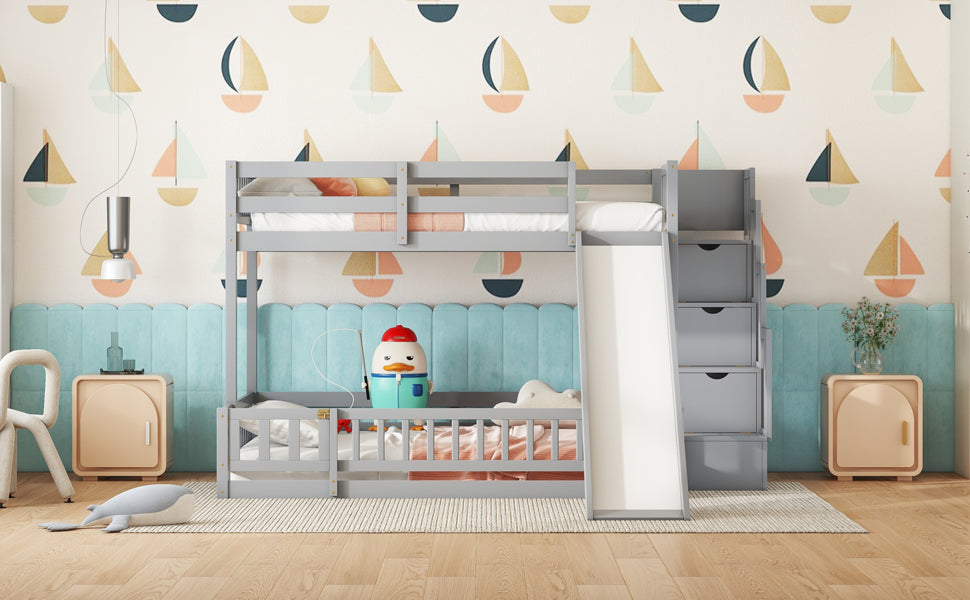 Twin Over Full Bunk Bed With Slide, Storage Staircase, Pine Solid Wooden Bunk Bed With Safety Guardrails ,Grey Grey Pine