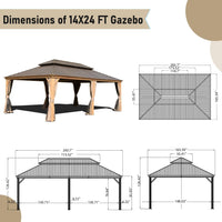 14X24Ft Hardtop Gazebo, Outdoor Gazebo With Galvanized Steel Double Roof, Aluminum Frame, Built In Gutter System, Curtain And Netting, Metal Gazebo Pavilion For Patio Deck Garden, Wood Looking